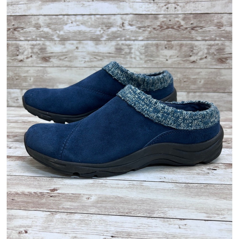 Vionic Arbor Slippers Blue Size 8 Wide Suede Knit Collar Orthotic Comfort Clogs